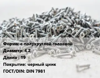 Шуруп с полукруглой головкой 4.2х19 черный цинк ГОСТ: DIN 7981